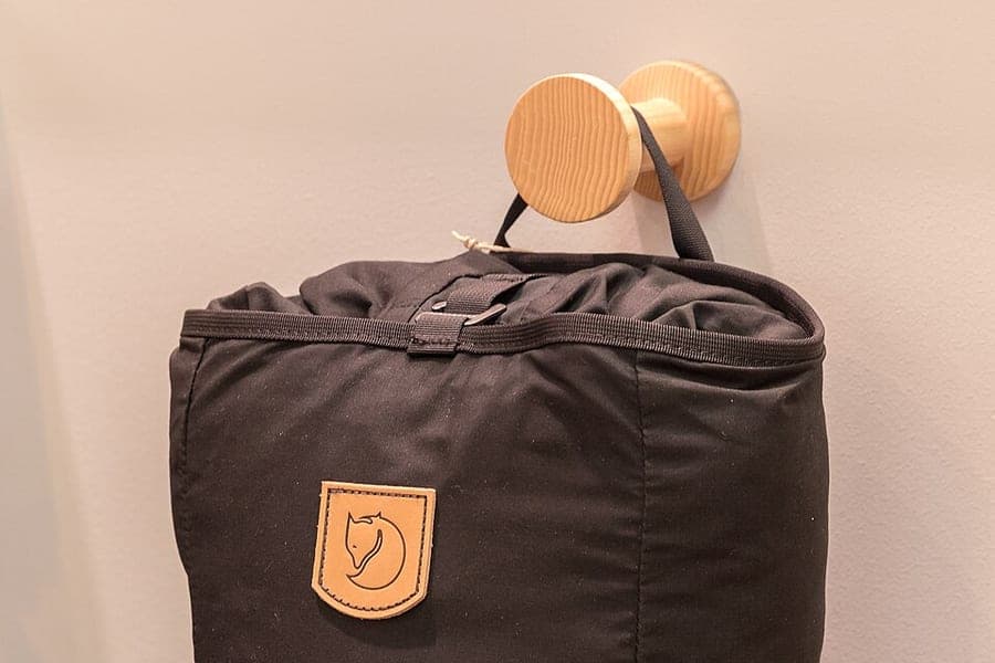 Backpacks on display at an outdoor gear show