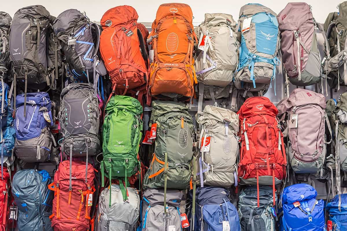 Rows of hiking and travel backpacks on display