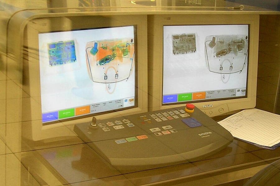 Luggage passing through an airport screening machine