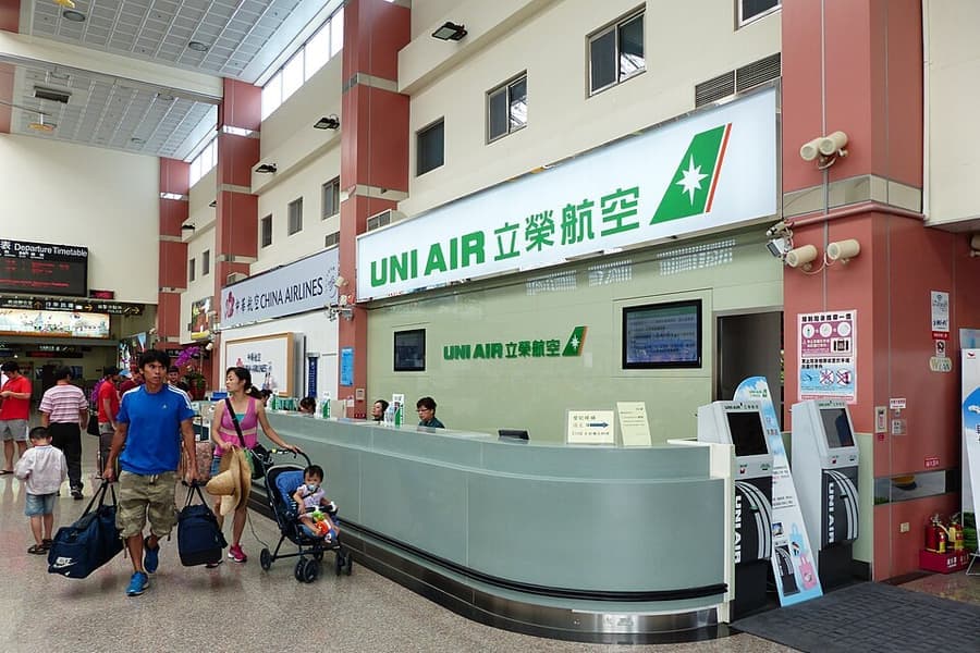 Airline check-in counters in an airport terminal