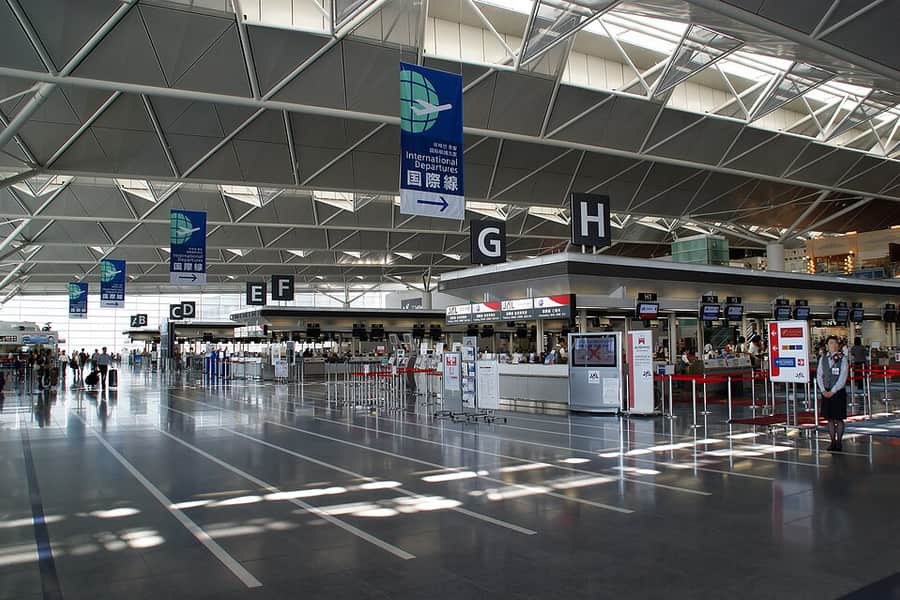 Airline check-in counters at an international airport