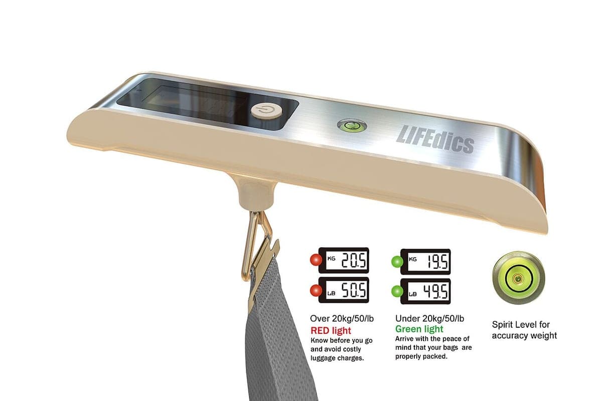 A handheld luggage scale with its hook and digital display