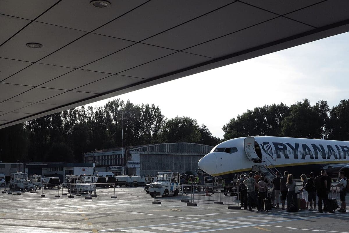 Passengers boarding a Ryanair jet on the apron at Krakow airport