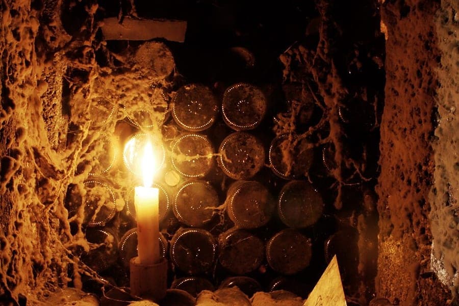 Wine bottles aging on their sides