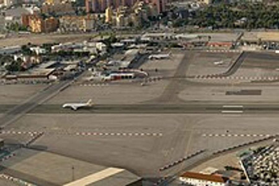 A panoramic view of an airport runway