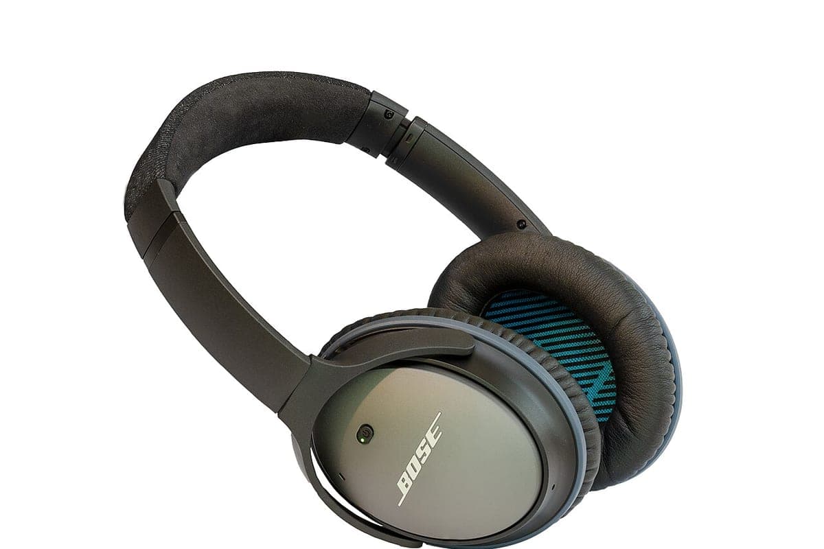 A pair of over-ear noise cancelling headphones resting on a surface