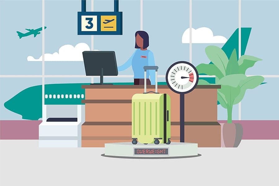 A heavy suitcase at an airport check-in desk
