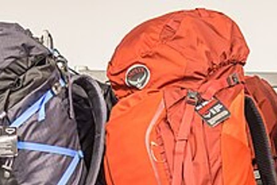 Travel backpacks lined up against a wall