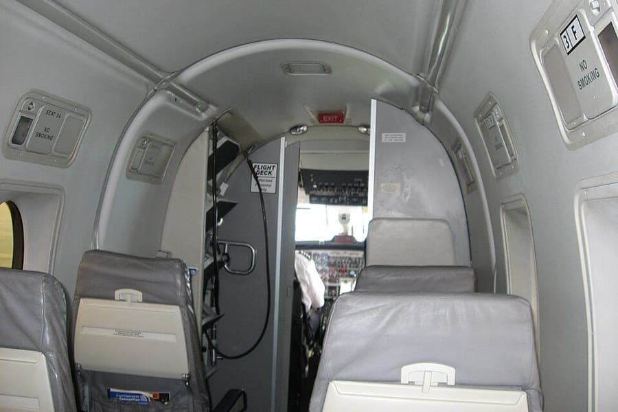 The interior of an aircraft cabin