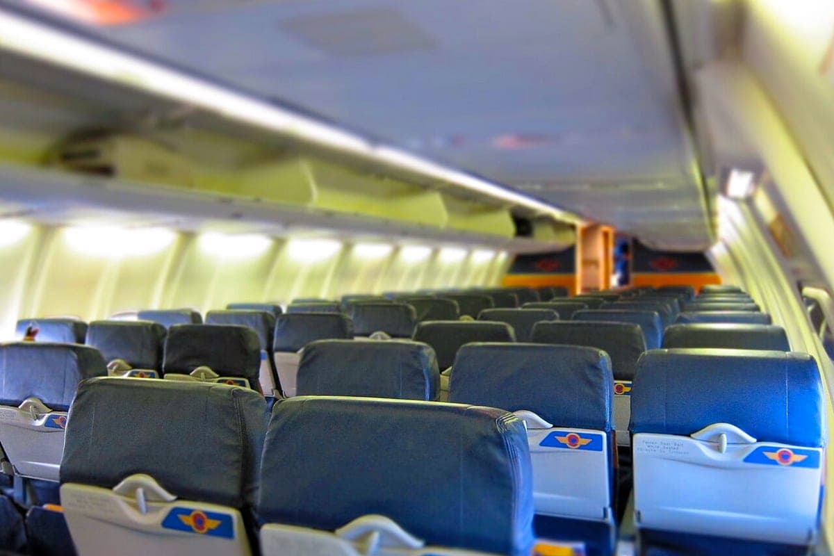 The empty cabin of a Southwest Airlines aircraft seen down the aisle