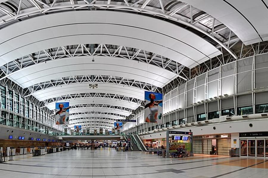 An airport terminal departure hall