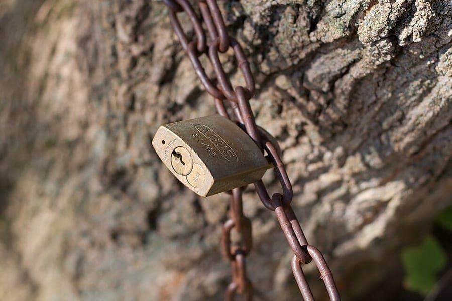 A padlock securing a heavy chain