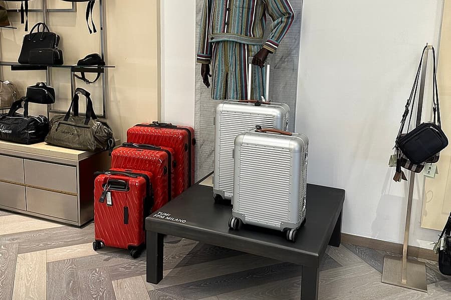 Rolling suitcases displayed in a store window