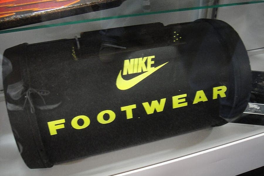A soft duffel bag on display