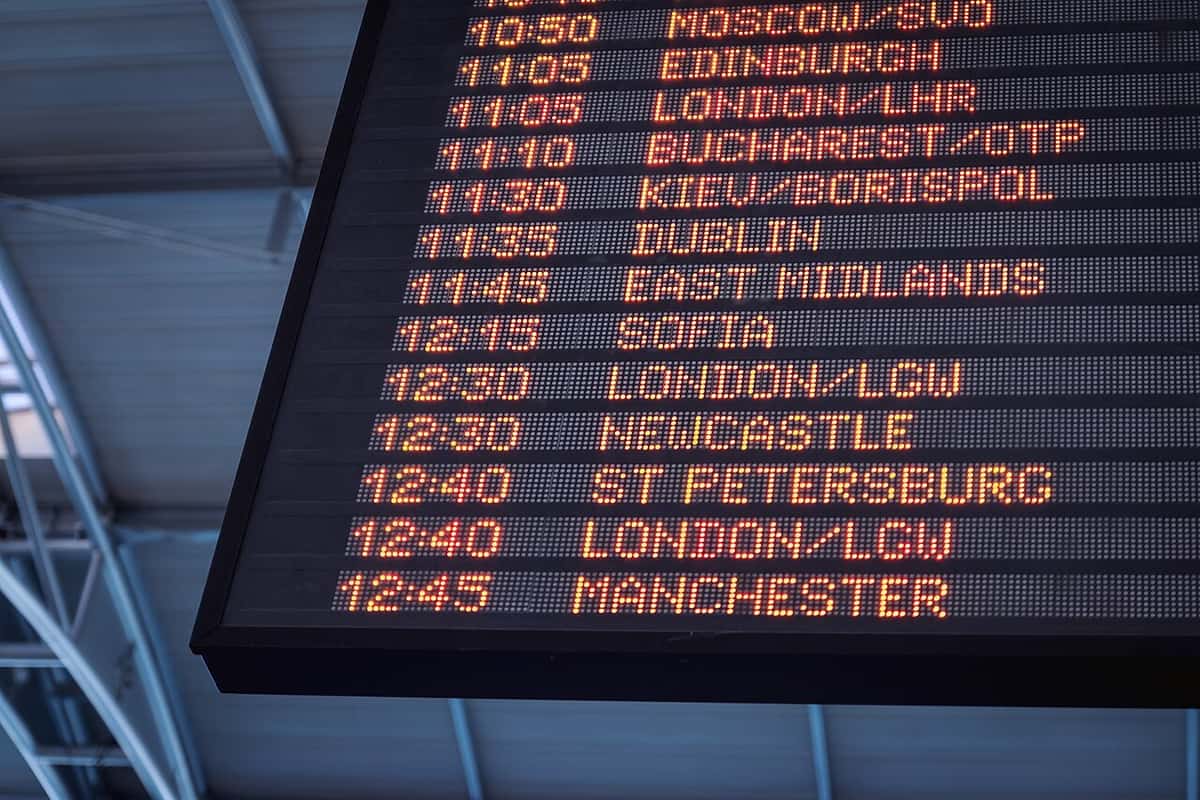 An airport departures board